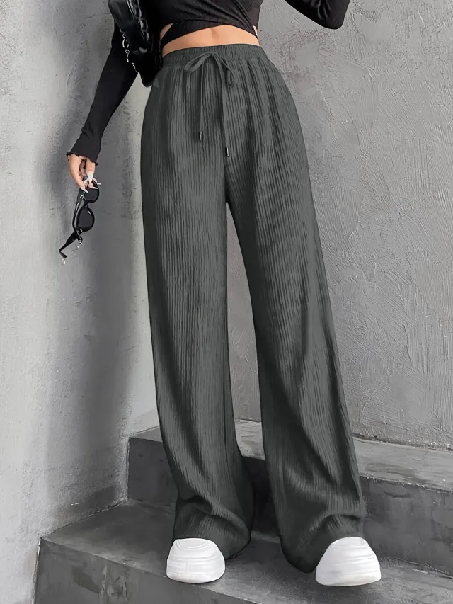 New Women's Elastic Waist Pinstripe Road Straight Wide Leg Gray - Shop at LoveMi
