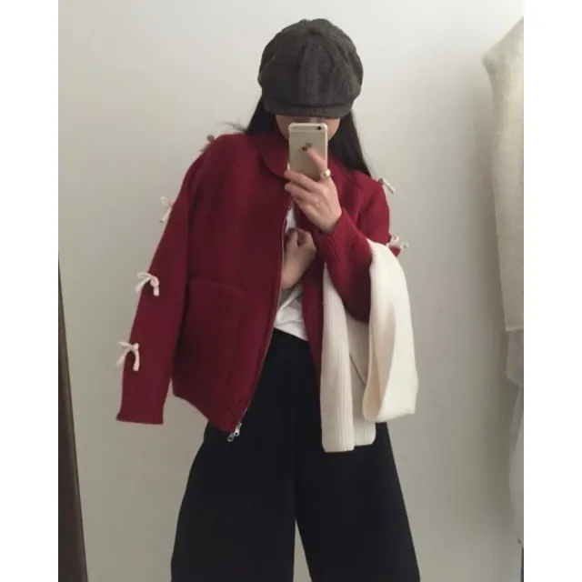 Bow Lazy Cardigan All matching Lapel Zipper Sweater Coat Red - Shop at LoveMi