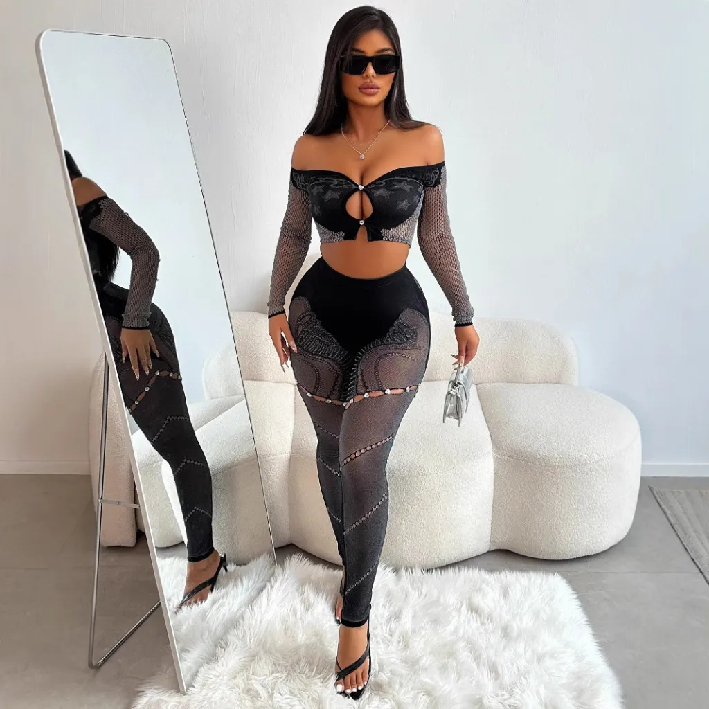 Off-shoulder Long Sleeves Cropped Top Slim Trousers Knitted - Black