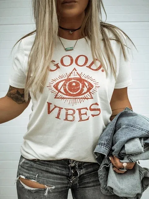 Women's Clothes Top Eye Graphic Print Crew Neck Short Sleeve T shirt Beige - Shop at LoveMi