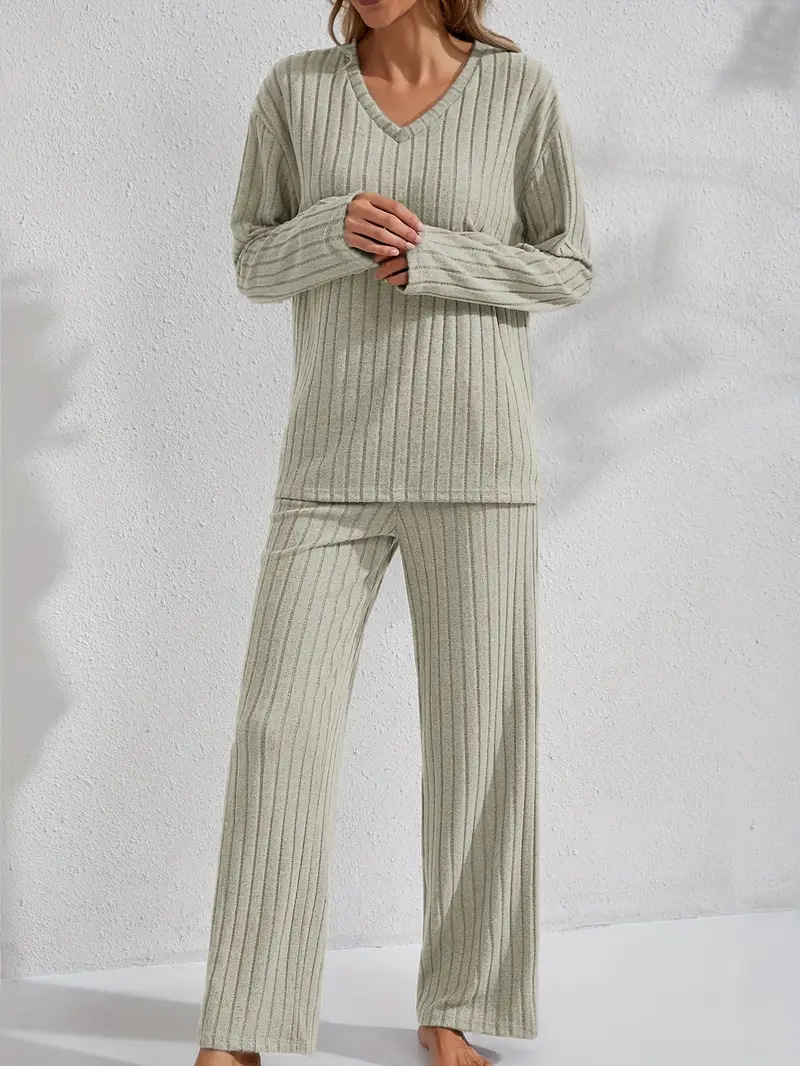 Women’s Ribbed Long Sleeve Top and Pants Loungewear Set