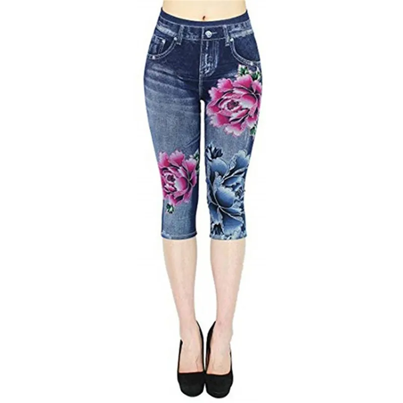 Fashion Denim Leggings Women's Cropped Pants - Big Flower