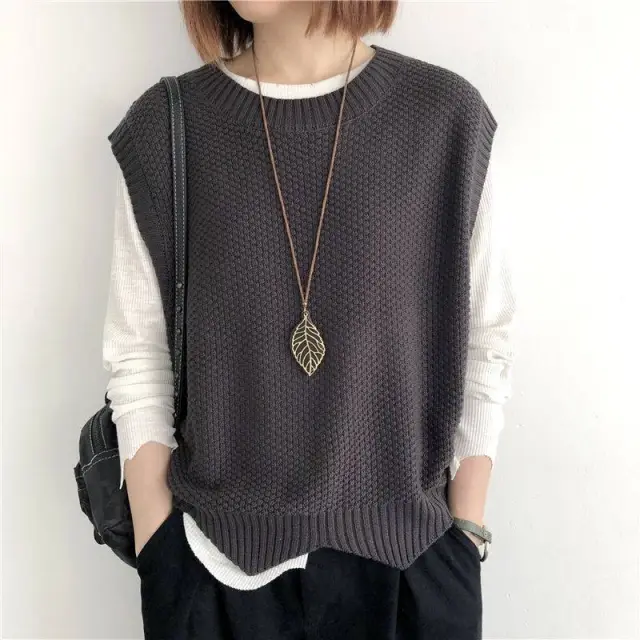 Knitted Vest Women's Vest Solid Color Loose Round Neck Irregular Pullover Short Crop top Outerwear Dark Gray - Shop at LoveMi