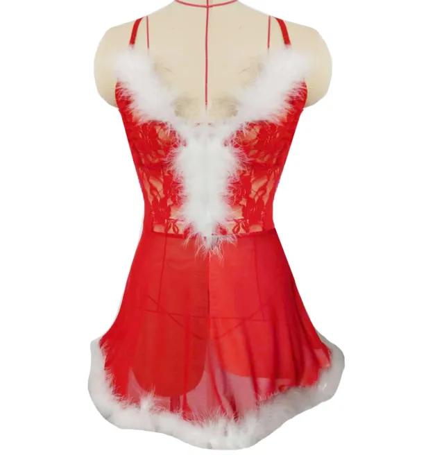 Sexy See through Christmas Lace Plush Slip Nightdress Red - Shop at LoveMi
