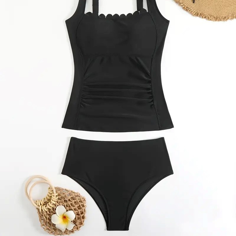 Black Split Conservative Belly-covering Wavy Two-shoulder Swimsuit For Women