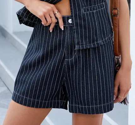 Women's Washed New Striped Casual Denim Shorts Suit - Striped Pants-M