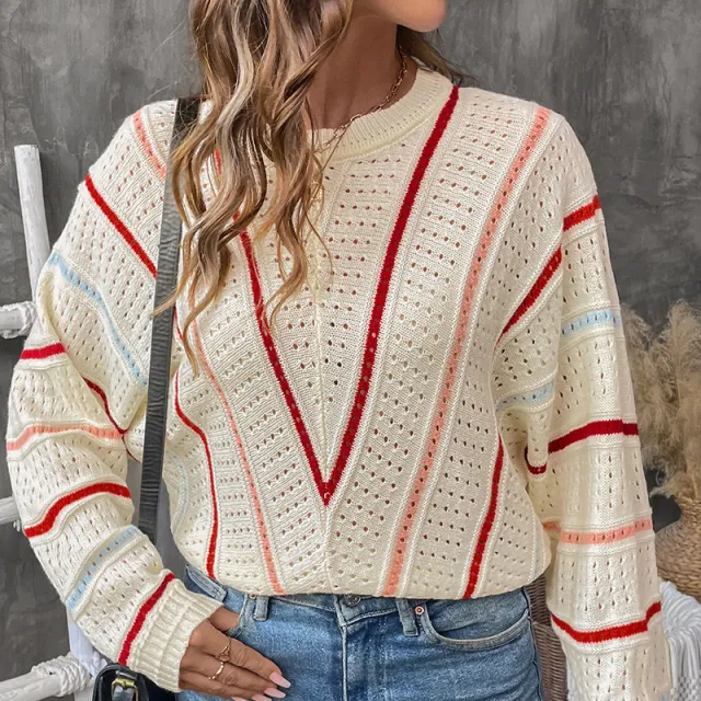 Asian Knitwear V stripe Pattern Hollow Out Sweater Apricot - Shop at LoveMi