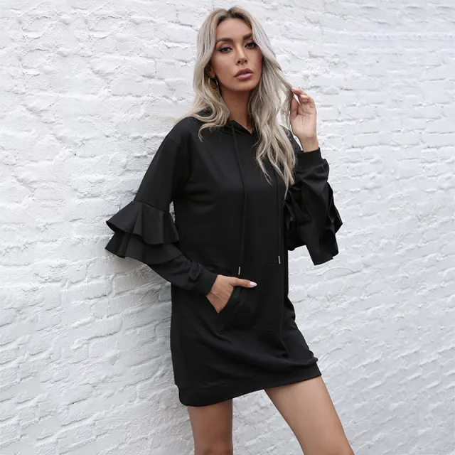 Long Sleeve Pullover Hoodie Skirt Women's Ruffled Patchwork Hoodie Skirt Black - Shop at LoveMi