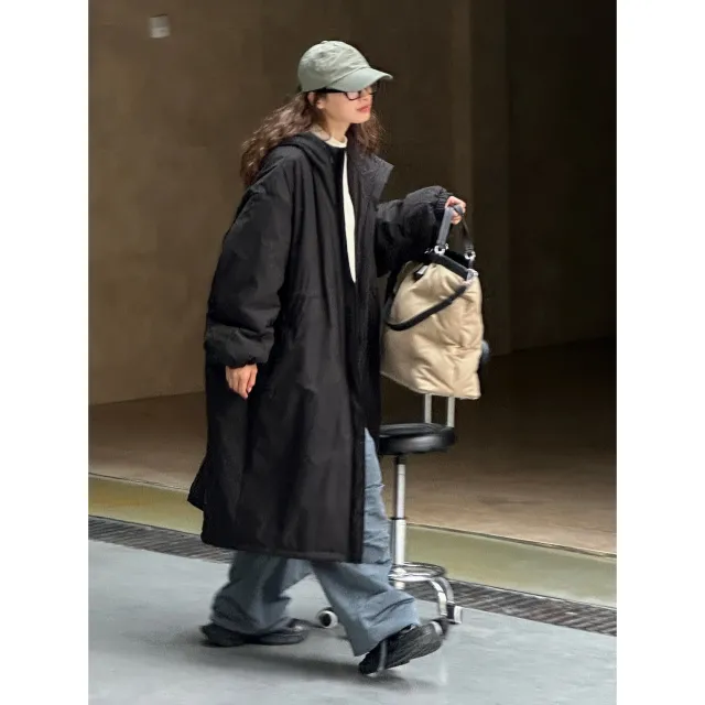 Winter Korean style Casual Relaxed fit Hooded Cotton padded Coat Black - Shop at LoveMi