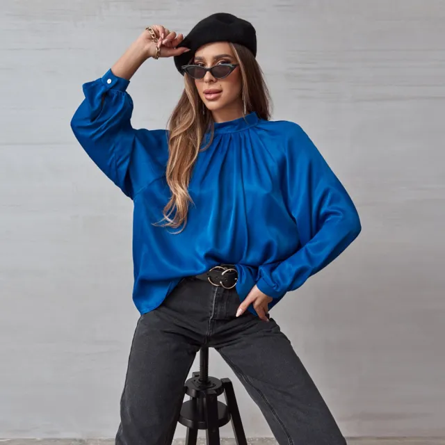 Irregular Stand Collar Stitching Lantern Sleeve Shirt Top Blue - Shop at LoveMi