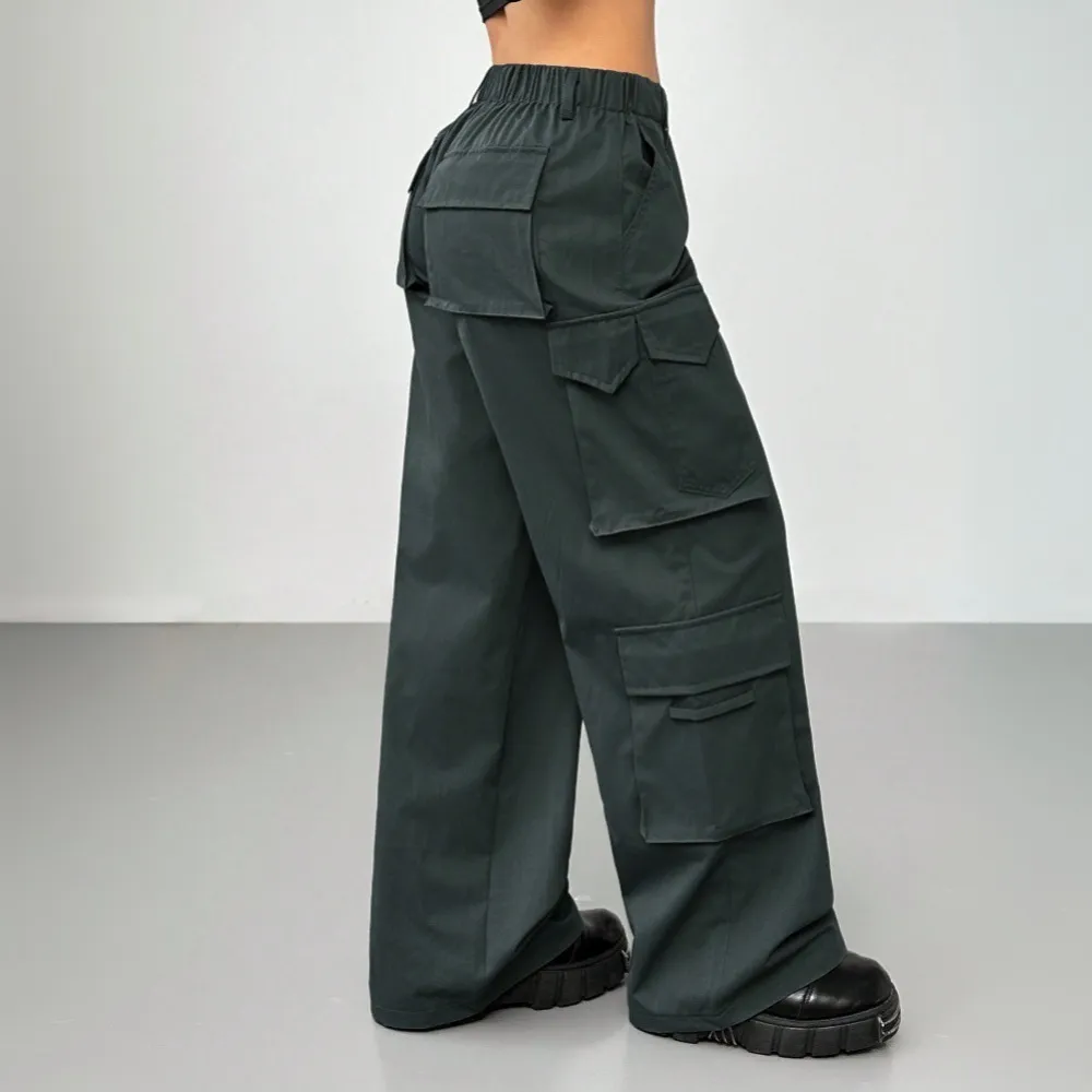 Casual Pants Elastic Waist High Waist Wide-leg Workwear Trousers - Dark Gray