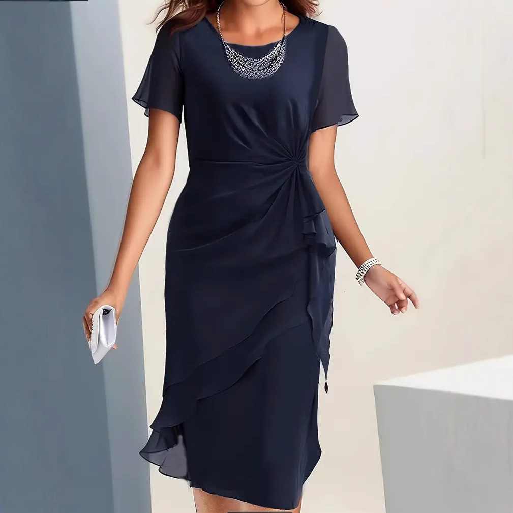 Chiffon Patchwork Round Neck Short Sleeve Dress Dark Blue - Shop at LoveMi
