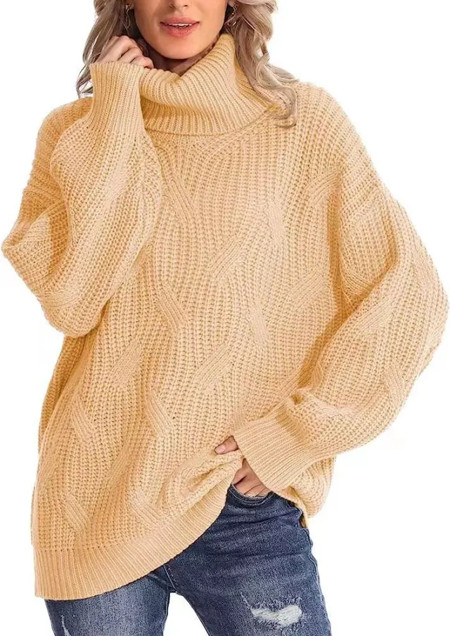 Women's Fashion Loose High Collar Twisted Knitted Sweater Pullover Long Sleeve Apricot - Shop at LoveMi