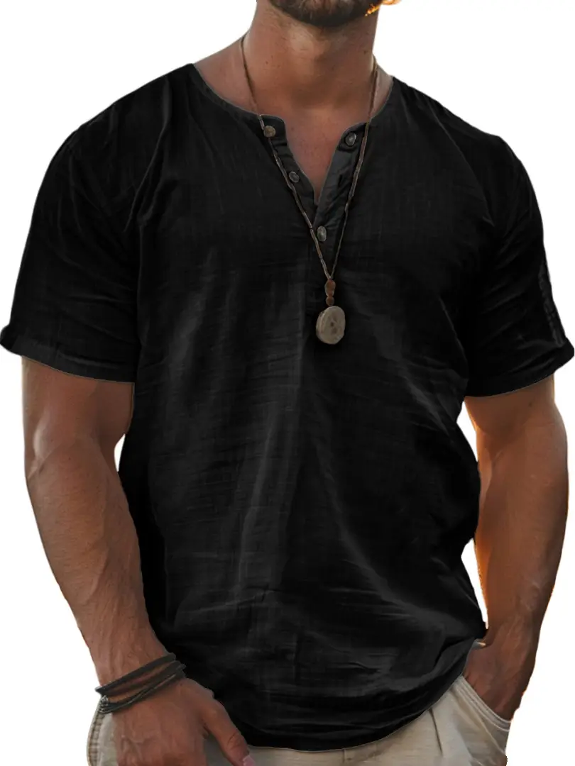 Men's Fashion Wear Men's Stand Collar Half Cardigan 4 Button Short Sleeve Shirt