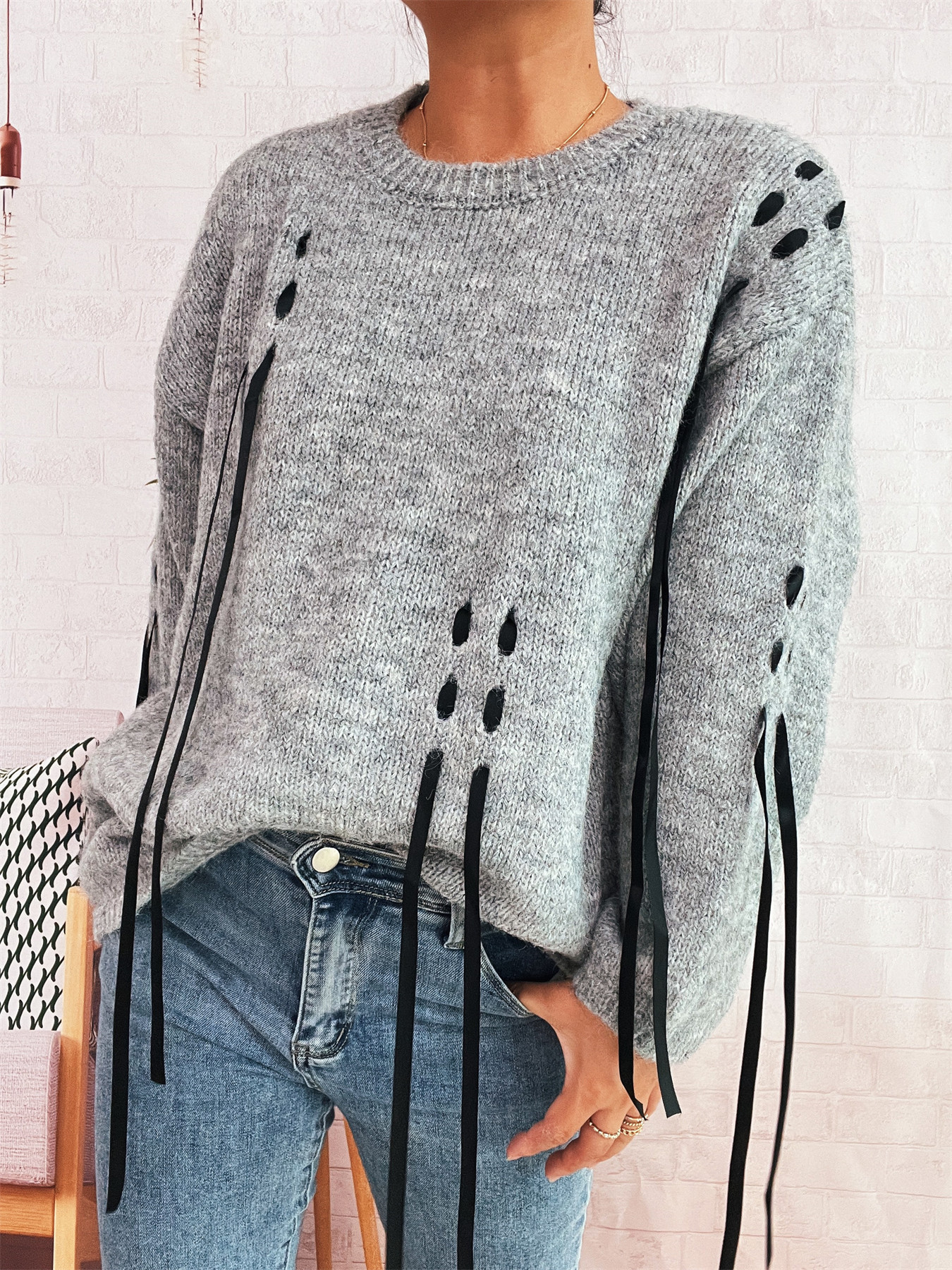 Handmade Lace-up Knitted Round Neck Long Sleeve Loose Sweater