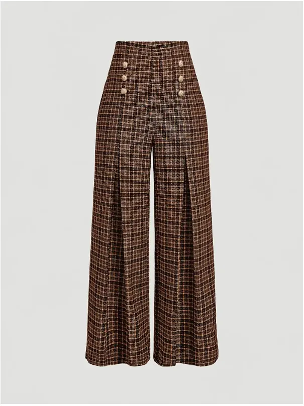 Spring Summer Chic Commuter High-Waisted Versatile Plaid Striped Retro Pants - Brown