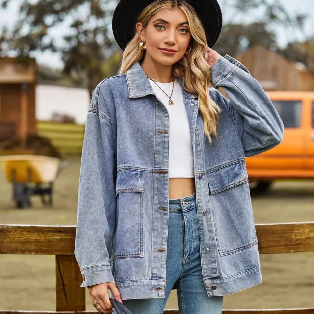 Retro Classic Loose Denim Casual Coat Top Women Blue - Shop at LoveMi