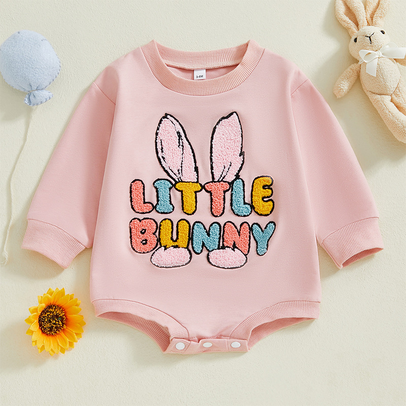 Rabbit Letter Embroidery Crewneck Long-sleeve Onesie Romper