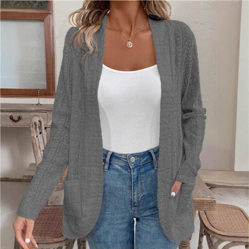 Jacquard Hollowed Leisure Stitching Long-sleeved Cardigan