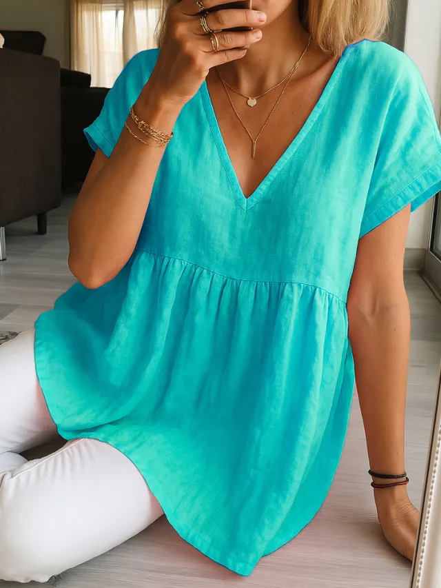 Women's Casual Loose Fit Fashion Cotton Linen Short Sleeve Top Emerald M - Shop at LoveMi