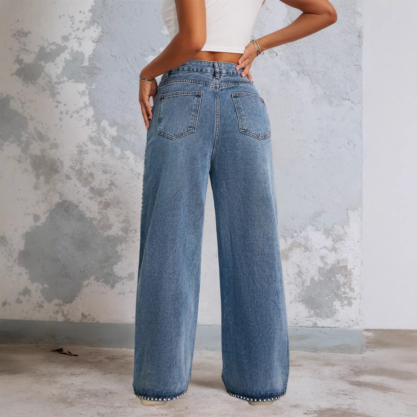 Drawstring High-Waisted Retro Wide-Leg Denim Jeans For Women