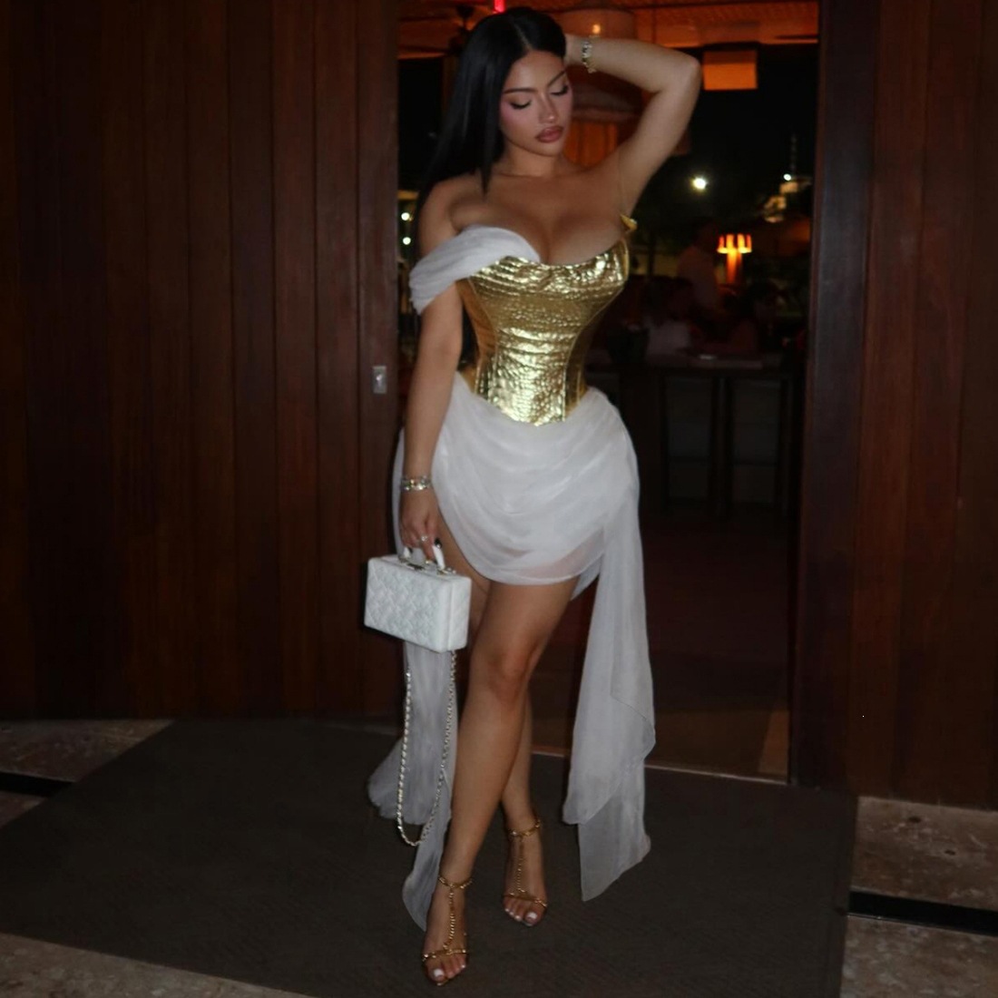 Womens Shiny Mesh-spliced Fashion Dress With Flowing Ribbons