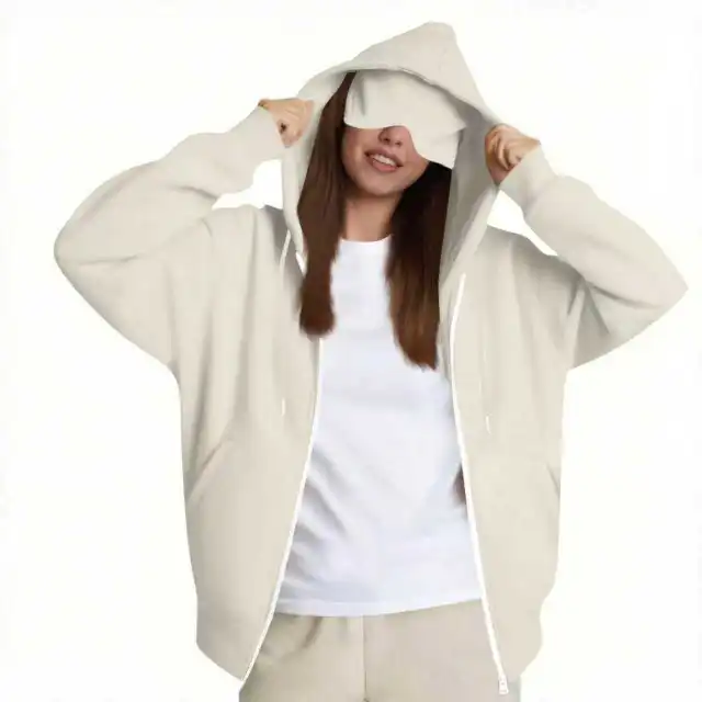 European And American Solid Color Women's Autumn And Winter Hooded Cardigan Zipper Sweater With Eye Mask Beige - Shop at LoveMi