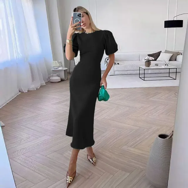 Round Neck Puff Short Sleeve Dress Fashionable Elegant Slim High Waist Black - Shop at LoveMi