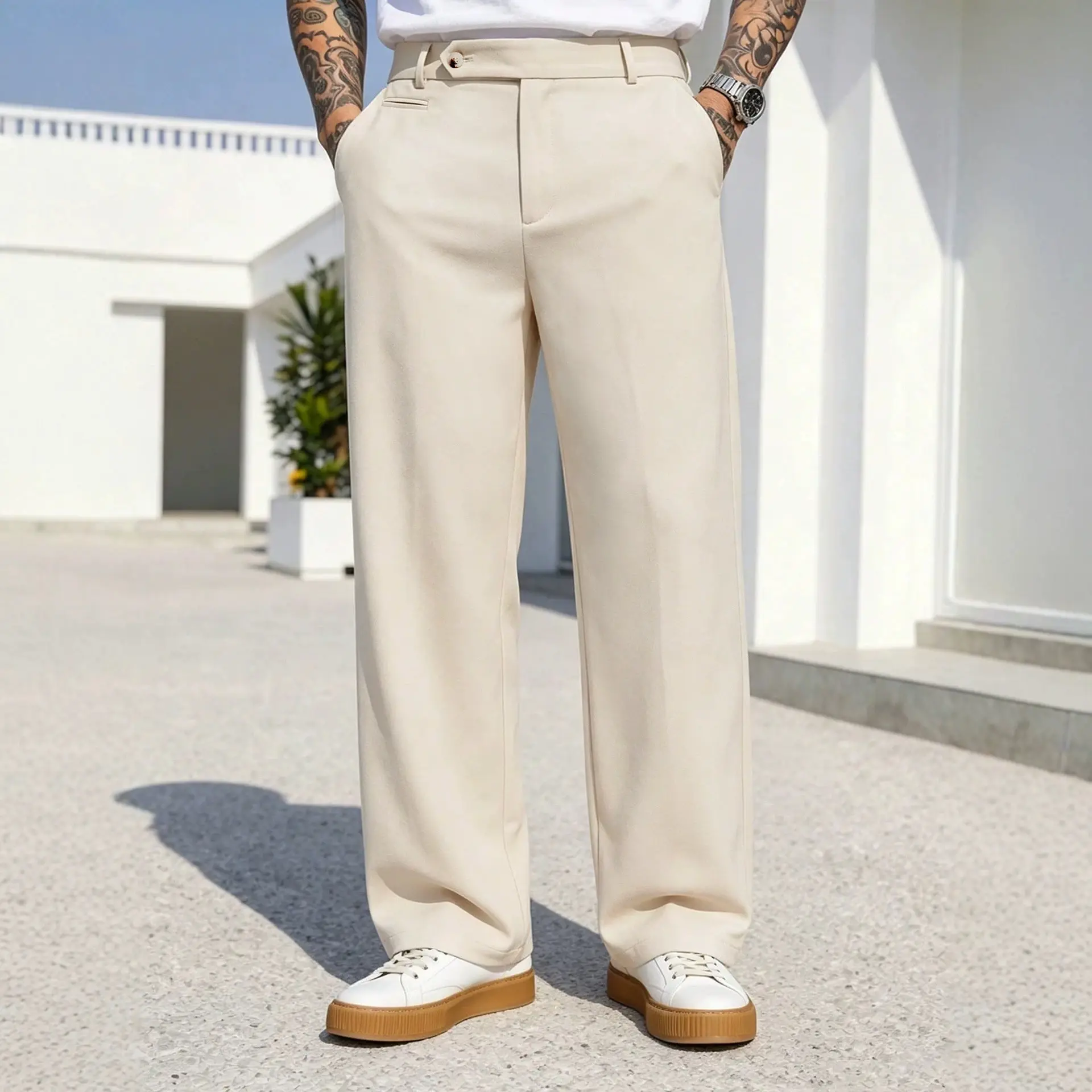 Mens High-waisted Wide-leg Casual Pants