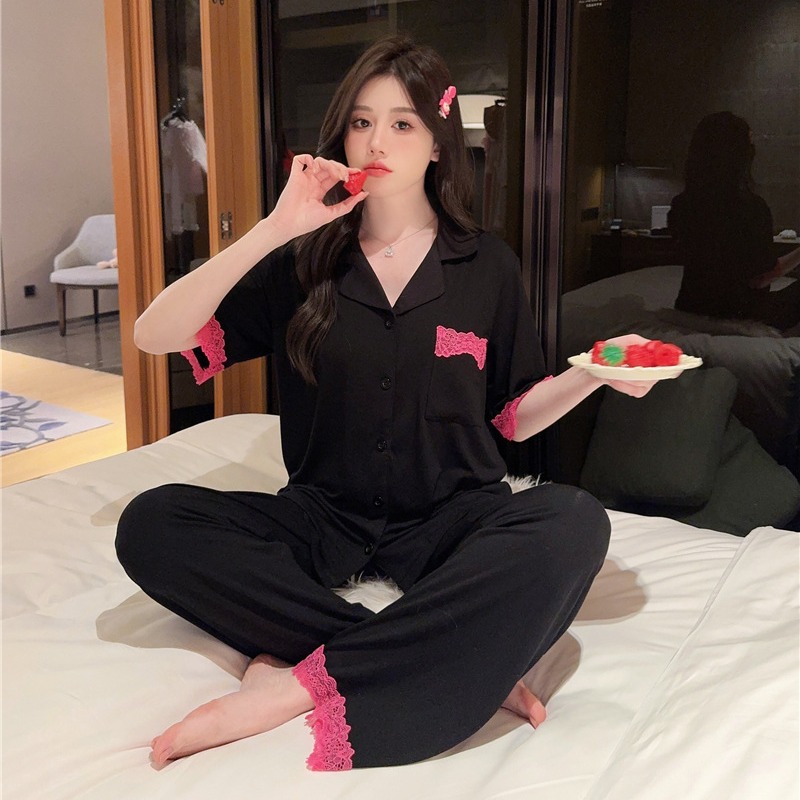 Thin Modal Outerwear Sweet Turn-down Collar Short Sleeve Trousers Suit Homewear