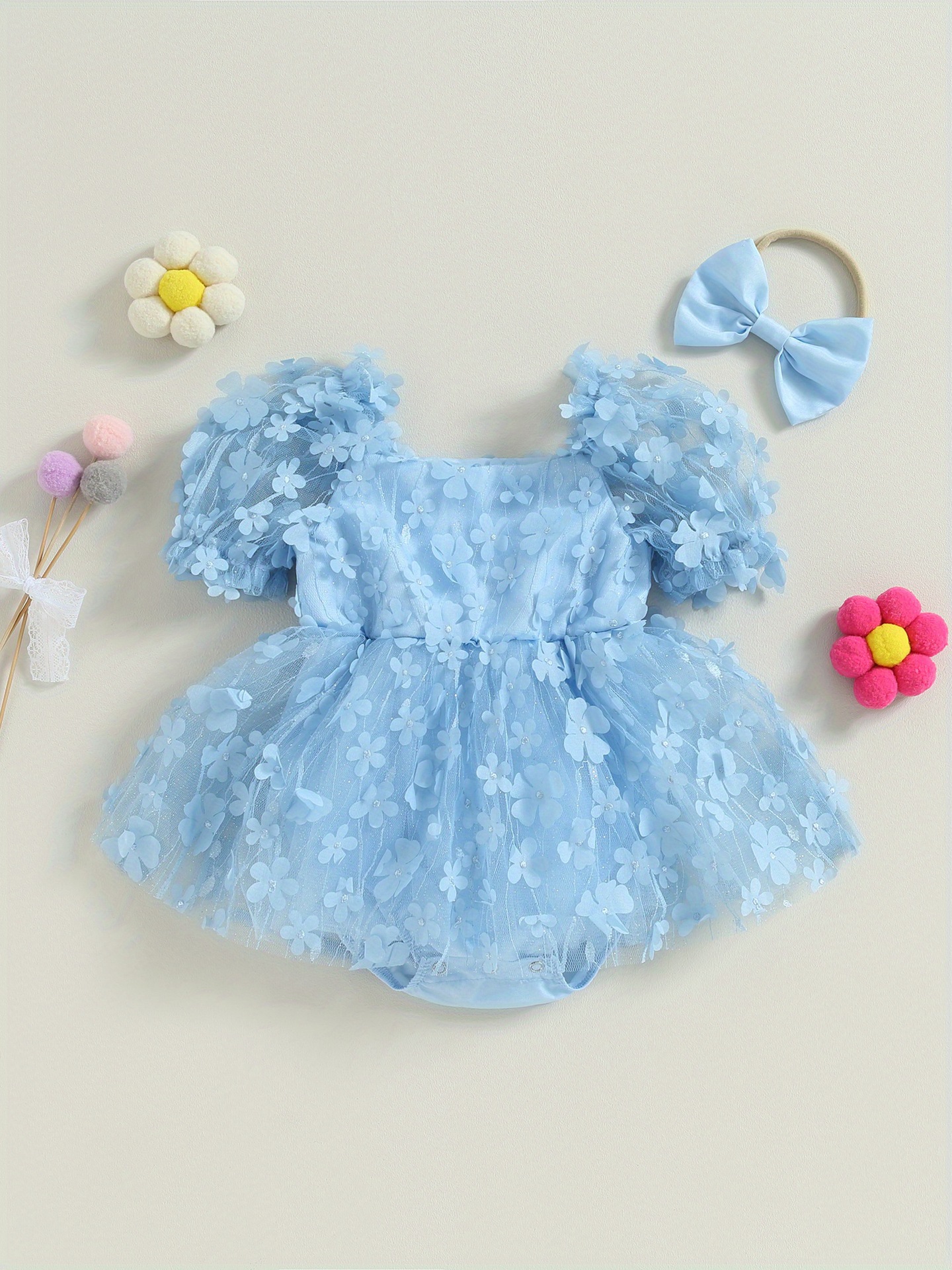 Two-piece Floral Short-sleeve Romper Set For Baby Girls