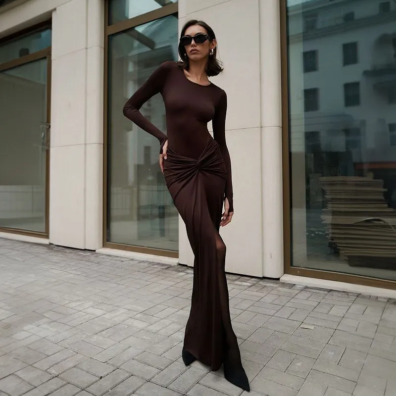 Autumn And Winter Women's Solid Color Sexy Waist Trimming Long Dress Suit - Dark Brown