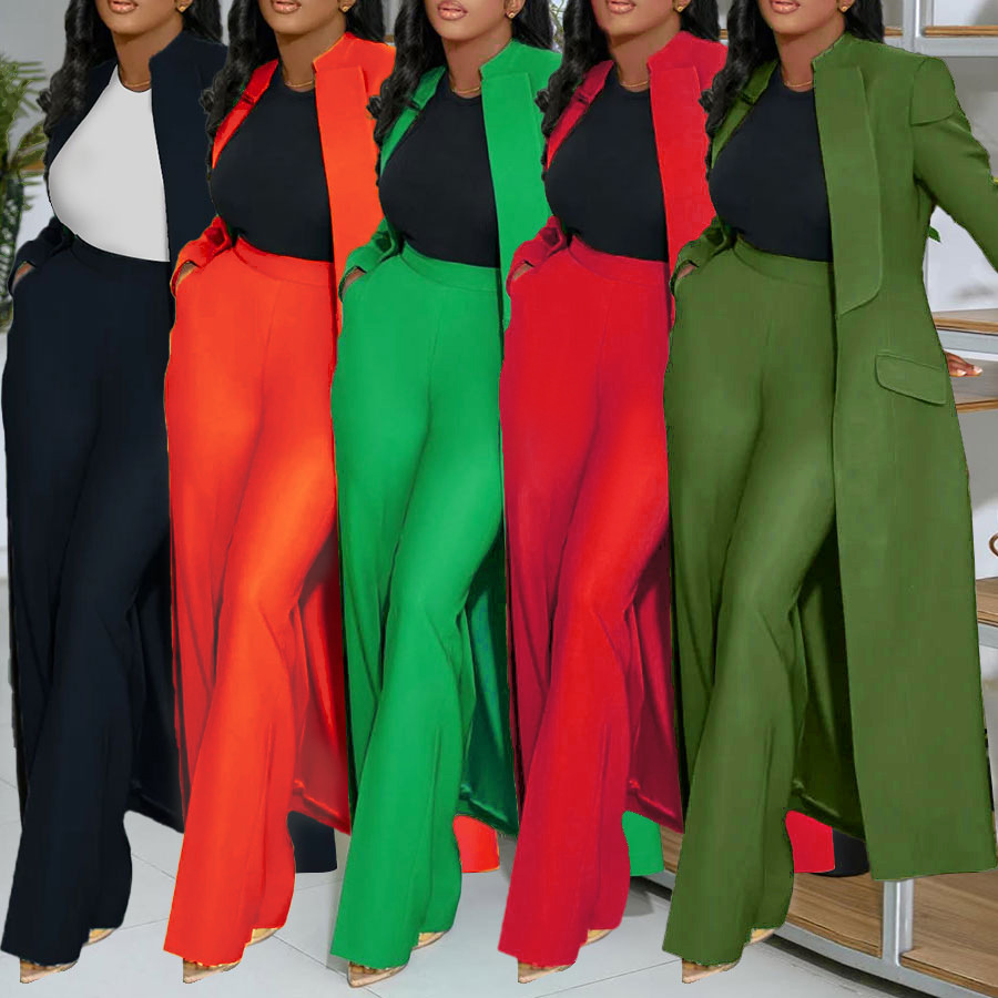 Solid-color Lapel Long Blazer Two-piece Set