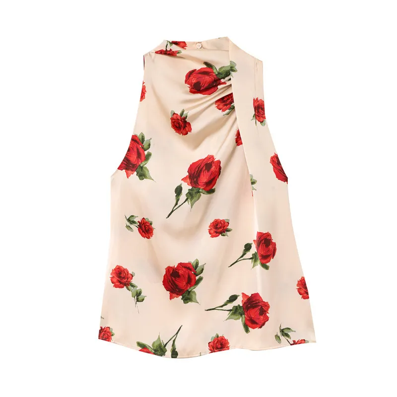 Straight Floral Print Backless Hanging Collar Satin Sleeveless Shirt - Floral