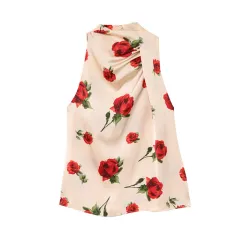 Straight Floral Print Backless Hanging Collar Satin Sleeveless Shirt - Floral - View 1