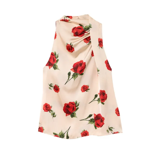 Straight Floral Print Backless Hanging Collar Satin Sleeveless Shirt Floral - Shop at LoveMi