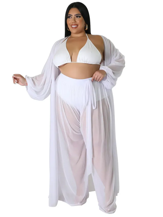 Women's Solid Color Batwing Sleeve Sexy Sheer Top And Pants Plus Size Two Piece Set White - Shop at LoveMi