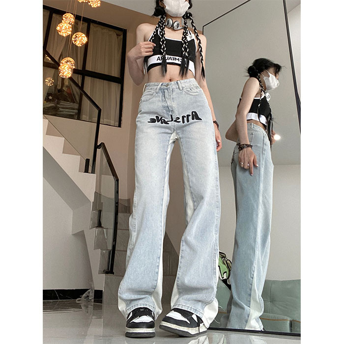 High Street Embroidery Stitching Jeans Women's Straight Slimming Blue - Shop at LoveMi