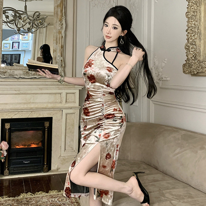 Retro Printed Slim-fit Slit Cheongsam Long Dress