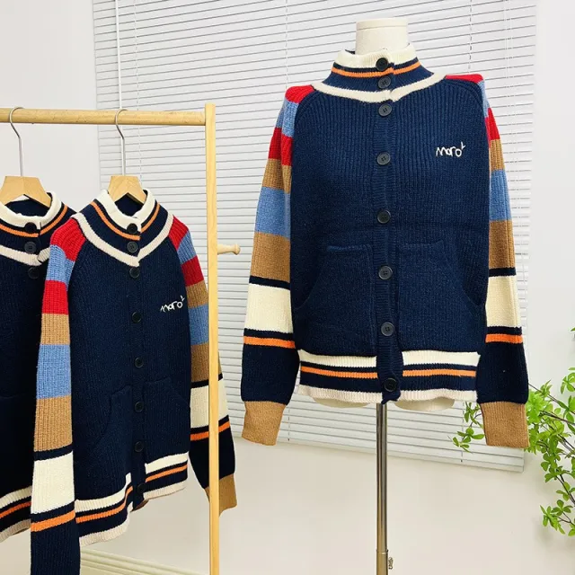 Women's Winter Stand Collar Knitted Cardigan Navy Blue - Shop at LoveMi