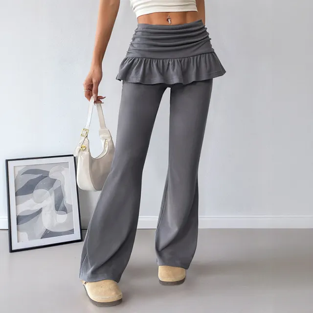 Women's Solid Color Fake Two piece Casual Pants Dark Gray - Shop at LoveMi
