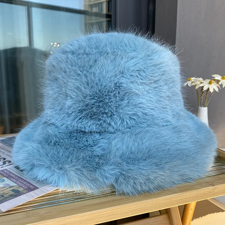 Imitation Fur Women's Autumn And Winter Wild Long Fur Bucket Hat - Light Blue