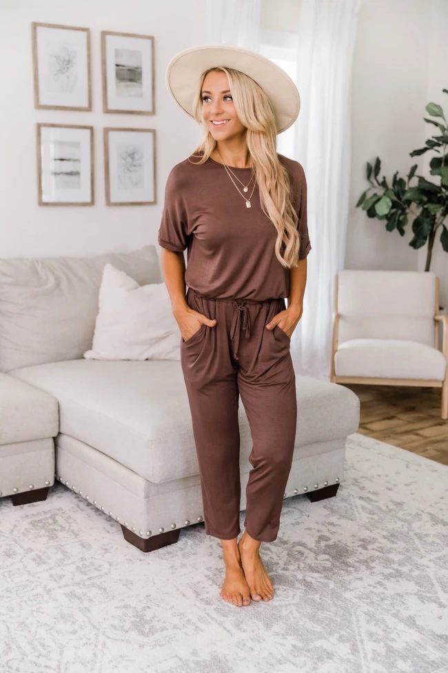 Casual And Comfortable Loose High Waist Short Sleeve Jumpsuit Brown - Shop at LoveMi