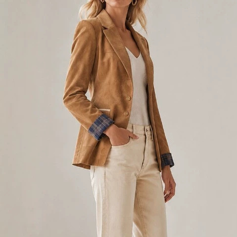 Vintage Suede-Effect Suit Jacket With Long Sleeves For Women