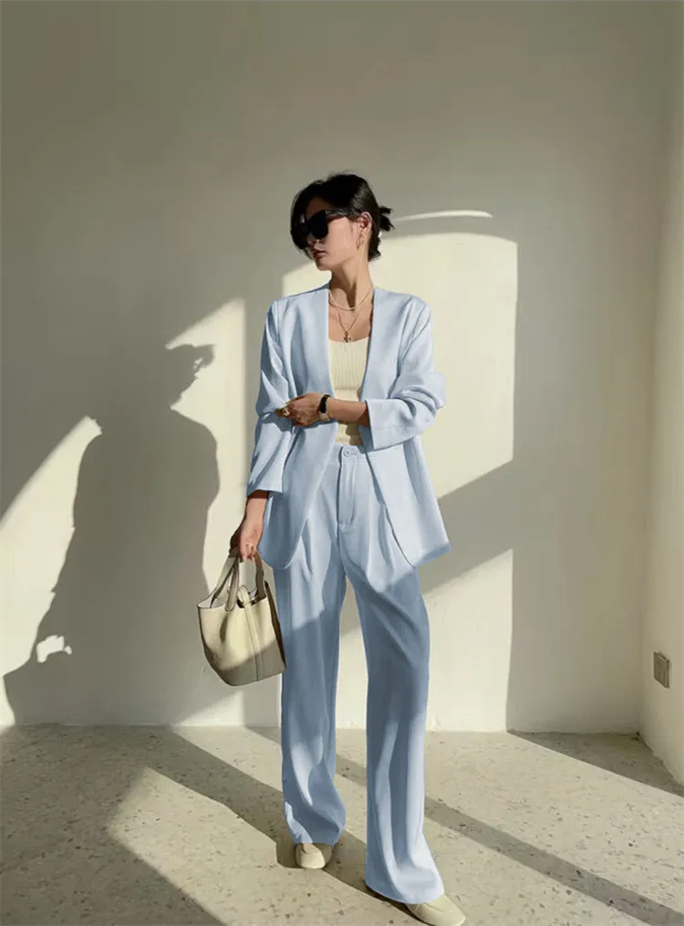 Casual Temperament Twinset Spring And Autumn Women's Suit - Blue Pants Suit