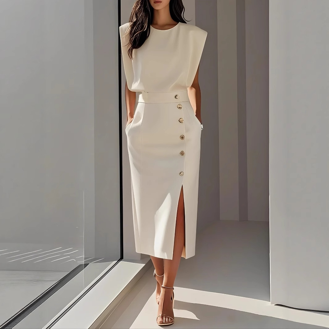 Button Split Solid Color Dress Women