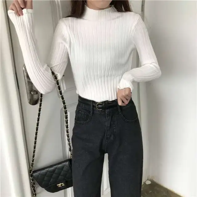 Hollow Striped Mock neck Bottoming Shirt Women's Sweater White - Shop at LoveMi
