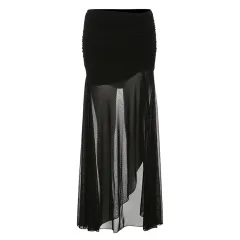 Fashion Black Mesh Transparent Slit Pleating Long Dress - Black - View 1
