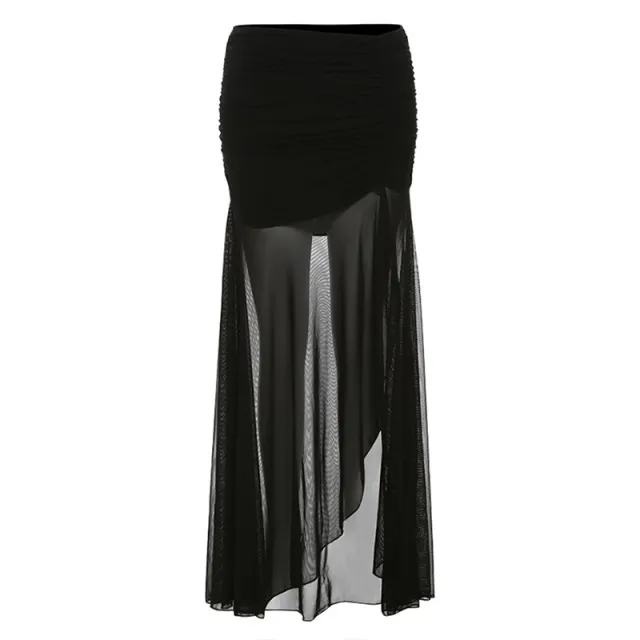 Fashion Black Mesh Transparent Slit Pleating Long Dress Black - Shop at LoveMi