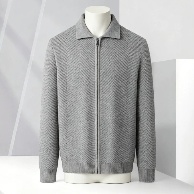 Solid-color Cardigan Zip-up Mens Jacket